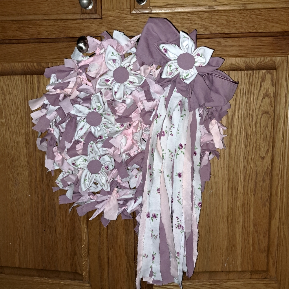 Beautiful Purple,pink And White Shabby Chic Rag Wreath 17" (Handmade)
